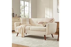 Tbfit 65" W Loveseat Sofa, Mid Century Modern Decor Love Seat Couches for Living Room, Button Tufted Upholstered Small Couch for Bedroom, Solid and Easy to Install Love Seats Furniture, Beige