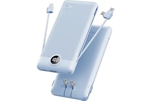 VRURC Portable Charger Built-in Cables and AC Wall Plug, USB C Power Bank 10000mAh, Travel Essentials Phone Charger Compact Lightweight External Battery Pack for Smart Phones, Tablets etc-Blue