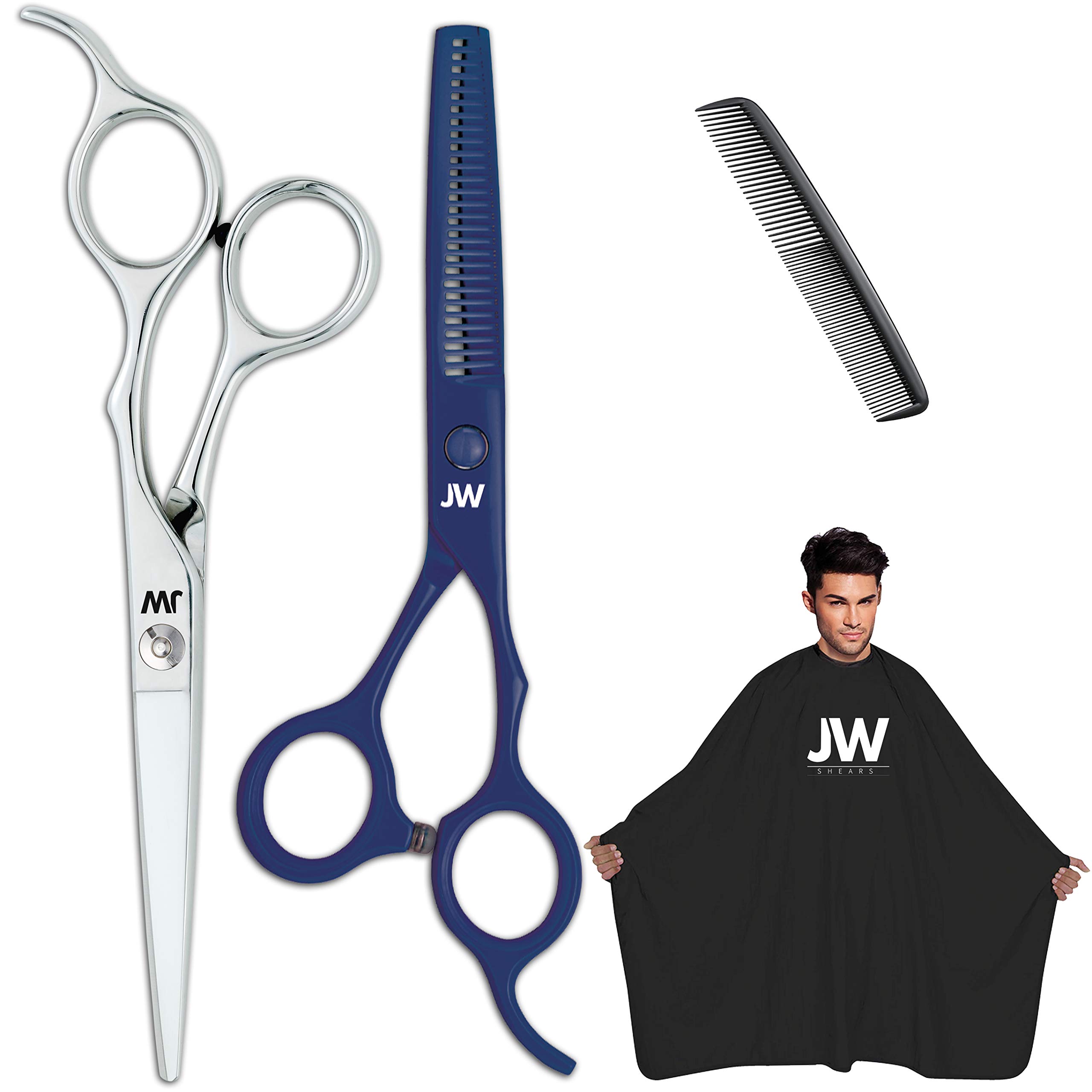 JW Professional Shears R Combo Series - Hair Cutting & Thinning Scissors, Cape & Comb Combo/Shears Stainless Steel (S1-Combo)