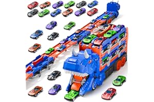 Vanvimen Toddler Car Truck Toys Gifts for 3 4 5 Years Old Boys, Toy Cars Track Set Dinosaur Transport Truck with 12 Pcs Die-Cast Cars Toys, Transforms into Dino, Toy Gifts for 3 4 5 6 Year Old Boys