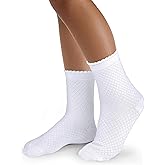 COTTON DAY Girls White Dressy Textured Short Socks Scallop Top Design 5 Pack