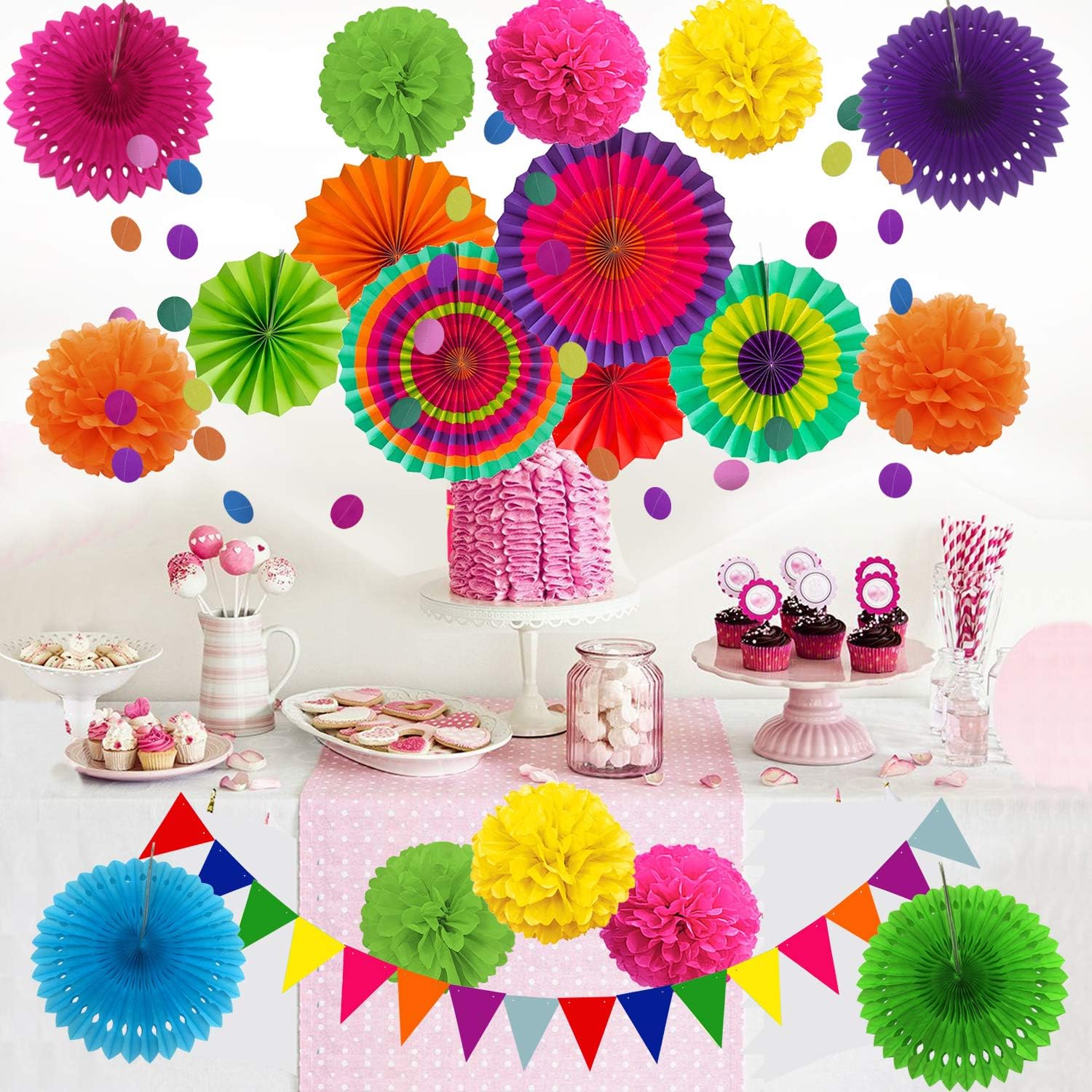 ZERODECO Party Decoration, 21 Pcs Multi-color Hanging Paper Fans, Pom Poms Flowers, Garlands String Polka Dot and Triangle Bunting Flags for Birthday Parties, Wedding Décor, Fiesta or Mexican Party: Toys & Games