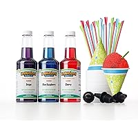 Hawaiian Shaved Ice Syrup Assortment with 3 - 16oz Bottles, 25 Snow Cone Cups, 25 Spoon Straws, and 3 Pouring Spouts. Flavors