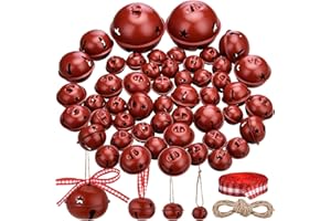 SKYLETY 50 Pieces Bell with Star Cutout Metal Sleigh Bell Rustic Christmas Xmas Tree Ornaments Assorted Size with Hanging Ribbon and Rope for Holiday Wreath Garland Craft Decorations (Dark Red Bells)