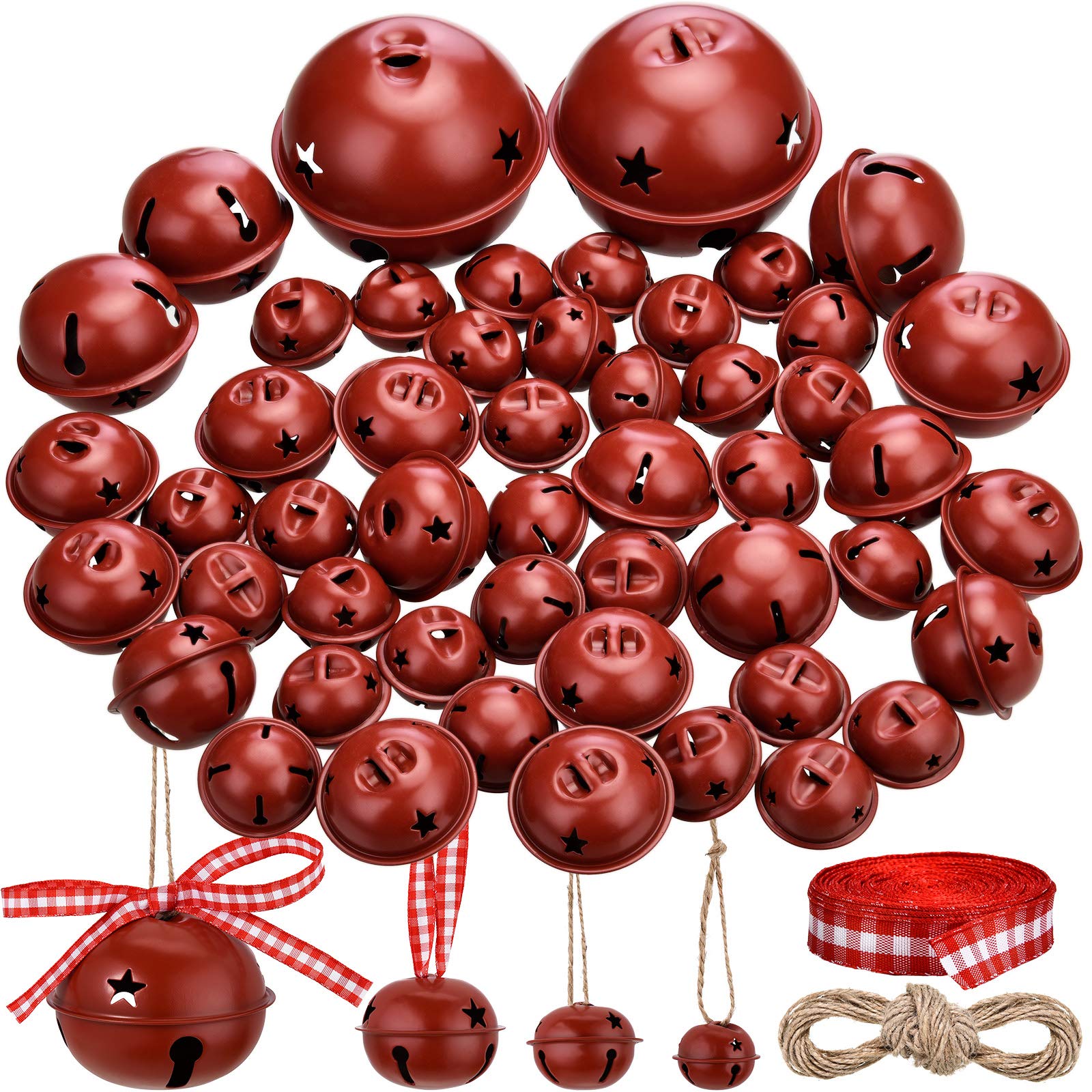 50 Pieces Bell with Star Cutout Metal Sleigh Bell Rustic Christmas Xmas Tree Ornaments Assorted Size with Hanging Ribbon and Rope for Holiday Wreath Garland Craft Decorations (Dark Red Bells)