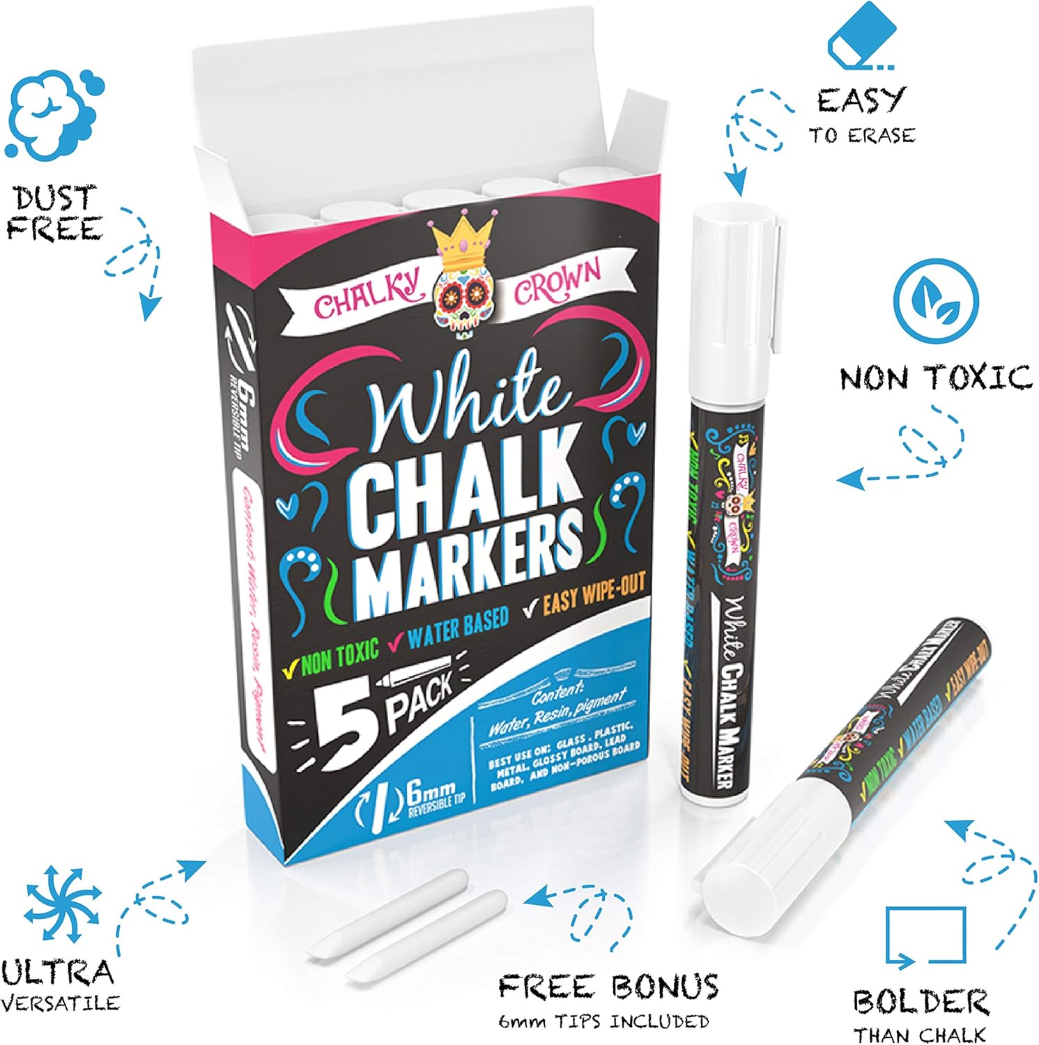 Liquid Chalk Marker Pen - White Dry Erase Marker - Chalk Markers for Chalkboard Signs, Windows, Blackboard, Glass - 6mm Reversible Tip (5 Pack) - 24 Chalkboard Labels Included : Office Products