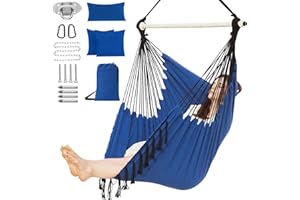 PNAEUT Hammock Chair XXL Size, Hanging Chair, Swing Chair, Max 550 Lbs, Patented Headrest, 2 Cushions, Large Macrame with Pocket, Steel Spreader, Hardware Kits and Bag for Indoor Outdoor (Navy)