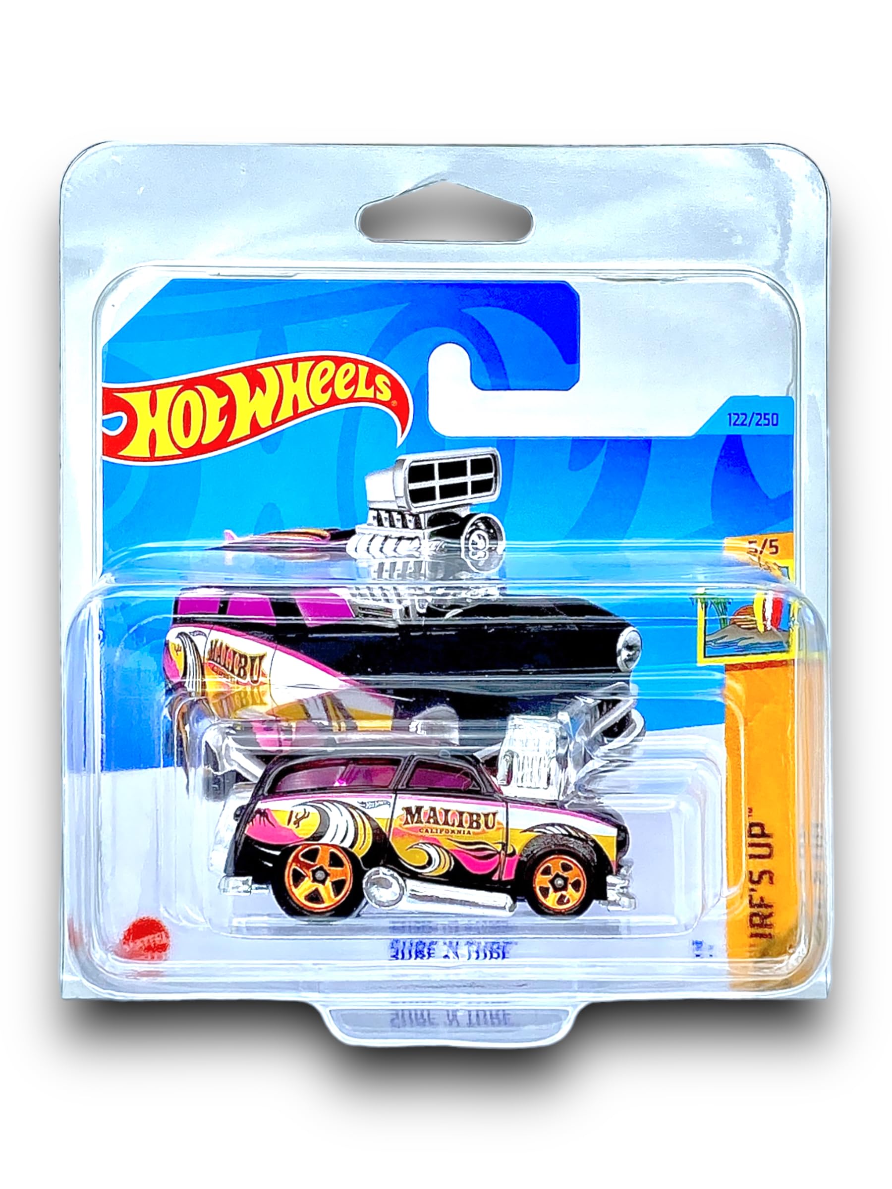 Hot Wheels Surf 'N Turf (Black, White & Pink) 5/5 Surf's Up - 2023-122/250 (Short Card) - COMES IN A KLAS CAR KEEPER PROTECTIVE COLLECTORS CASE - HKK82