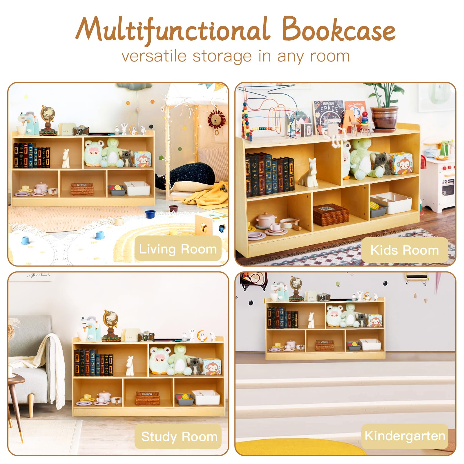 PTINFLUCE Montessori Shelf, Wooden Toy Storage Organizer for Books Toys, 2 Shelf Bookcase, 5-Section Storage Cabinet, Toddler Book Shelf for Kids Rooms, Playroom, Nursery, Kindergarten (Natural)