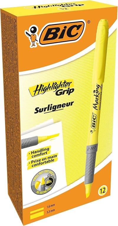 BIC Highlighter Grip Pens Yellow Box of 12