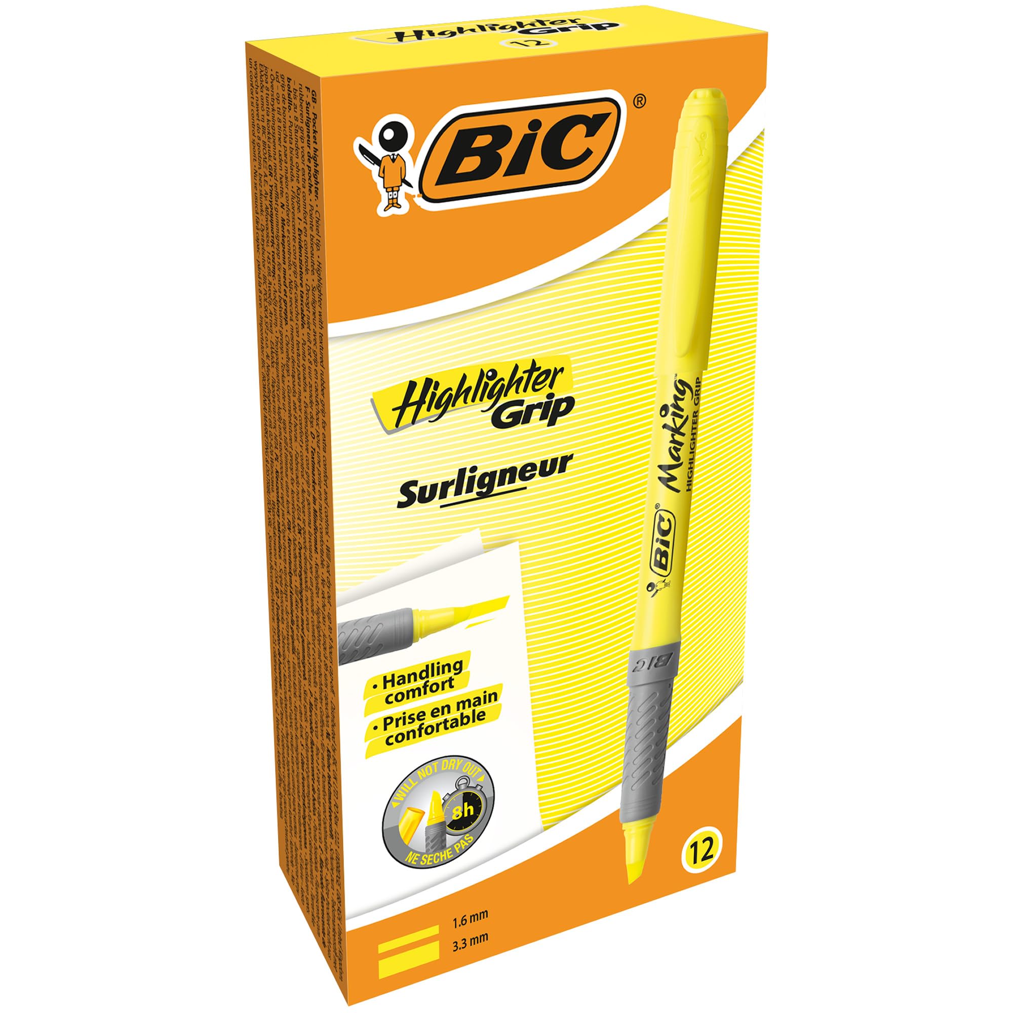 BIC Highlighter Grip Pens - Yellow, Box of 12