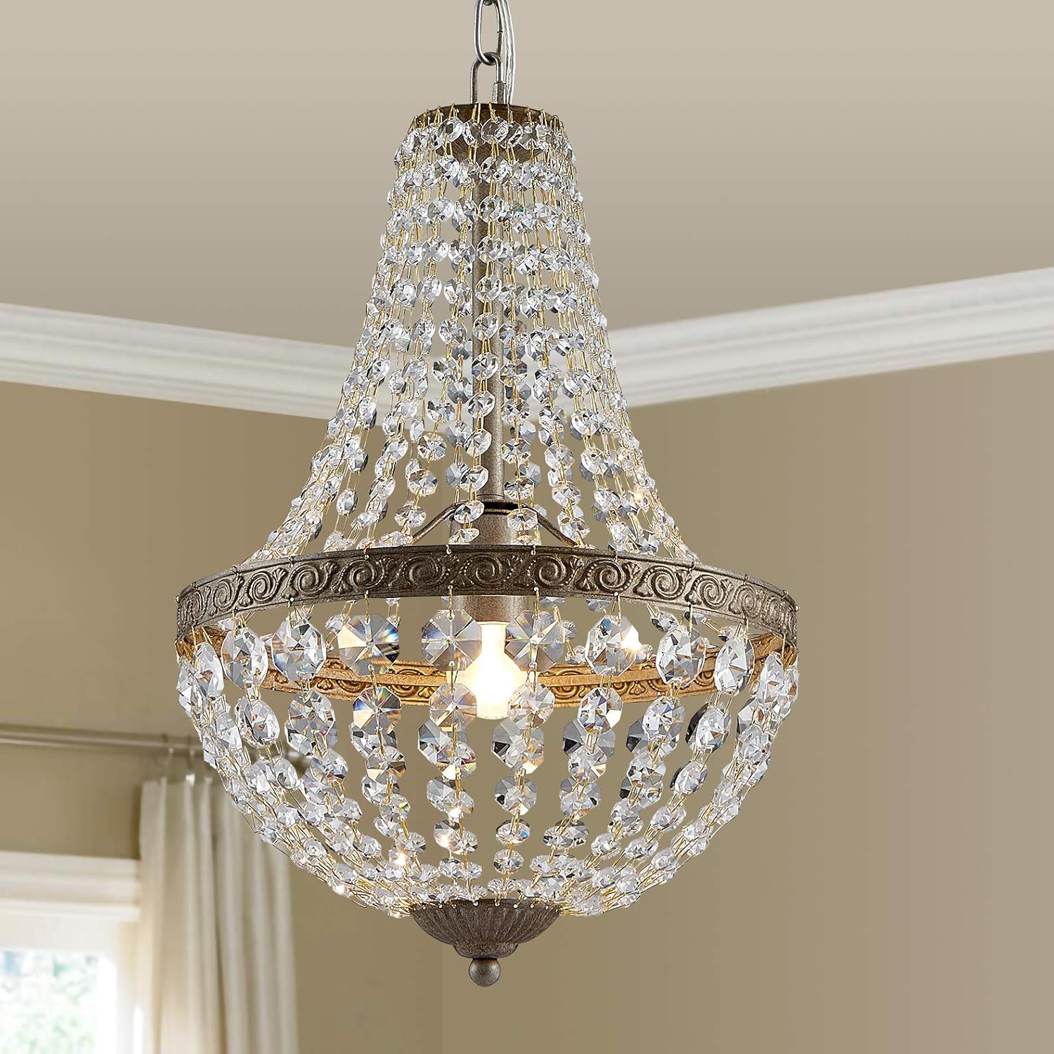 Bestier French Empire Antique Silver Finish Farmhouse Crystal Pendant Chandelier Lighting LED Ceiling Light Fixture Lamp Dining Room Bathroom Bedroom Livingroom 1 E26 Bulbs Required H18 inch X D12 inc - - 