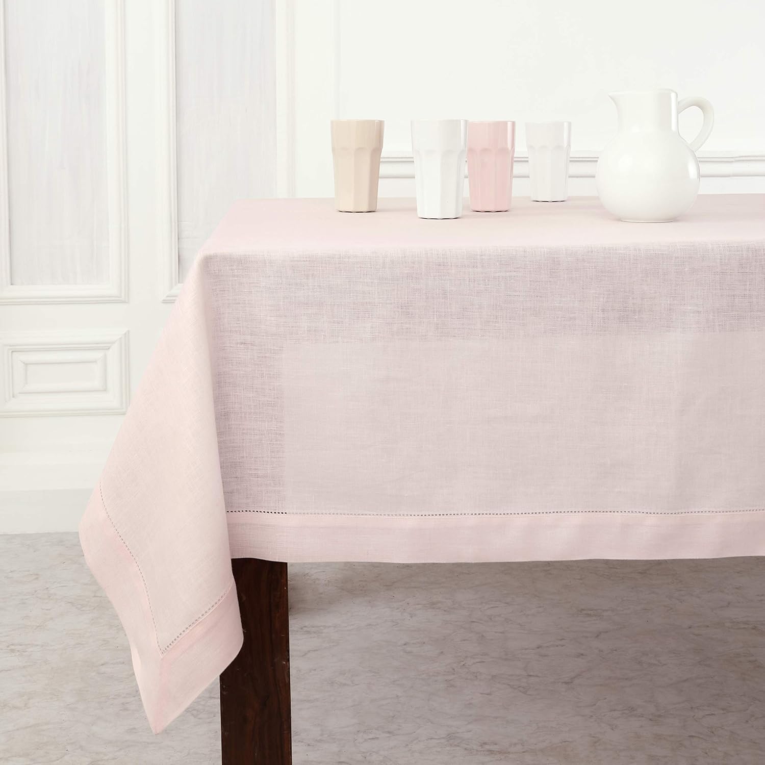 Solino Home Classic Hemstitch Linen Tablecloth - 60 x 108 Inch, Pink - 100% Pure Linen Rectangle Tablecloth for Dining, Kitchen, Indoor and Outdoor Use