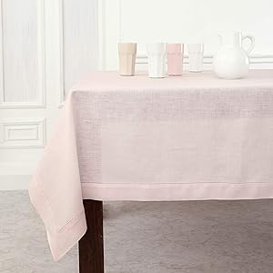 Solino Home Classic Hemstitch Linen Tablecloth - 60 x 108 Inch, Pink - 100% Pure Linen Rectangle Tablecloth for Dining, Kitchen, Indoor and Outdoor Use