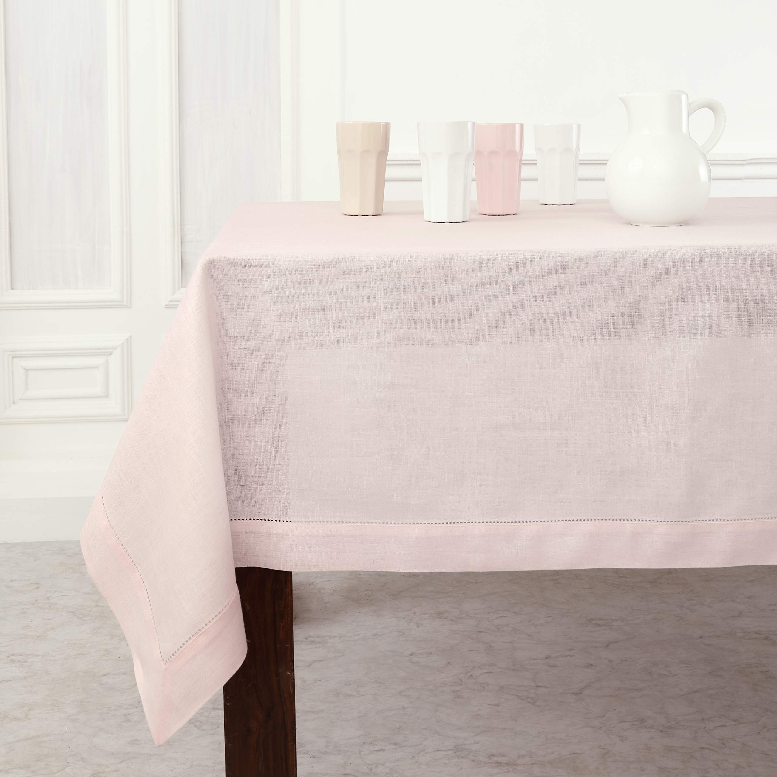 Solino Home Linen Tablecloth for Rectangle Tables 60 x 90 Inch - Classic Hemstitch 100% Pure Linen Pink Table Cloth - Machine Washable Cloth Tablecloth for Mothers Day, Spring, Summer