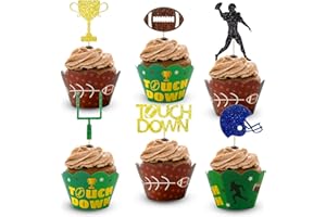 BANBALLON 48PCS Football Cupcake Toppers Kits with Cupcake Liners Wrappers and Rugby Ball Cake Topper Picks for Men Boys Game Day Sports Happy Birthday Theme Party Favors Decorations Baby Shower Supplies