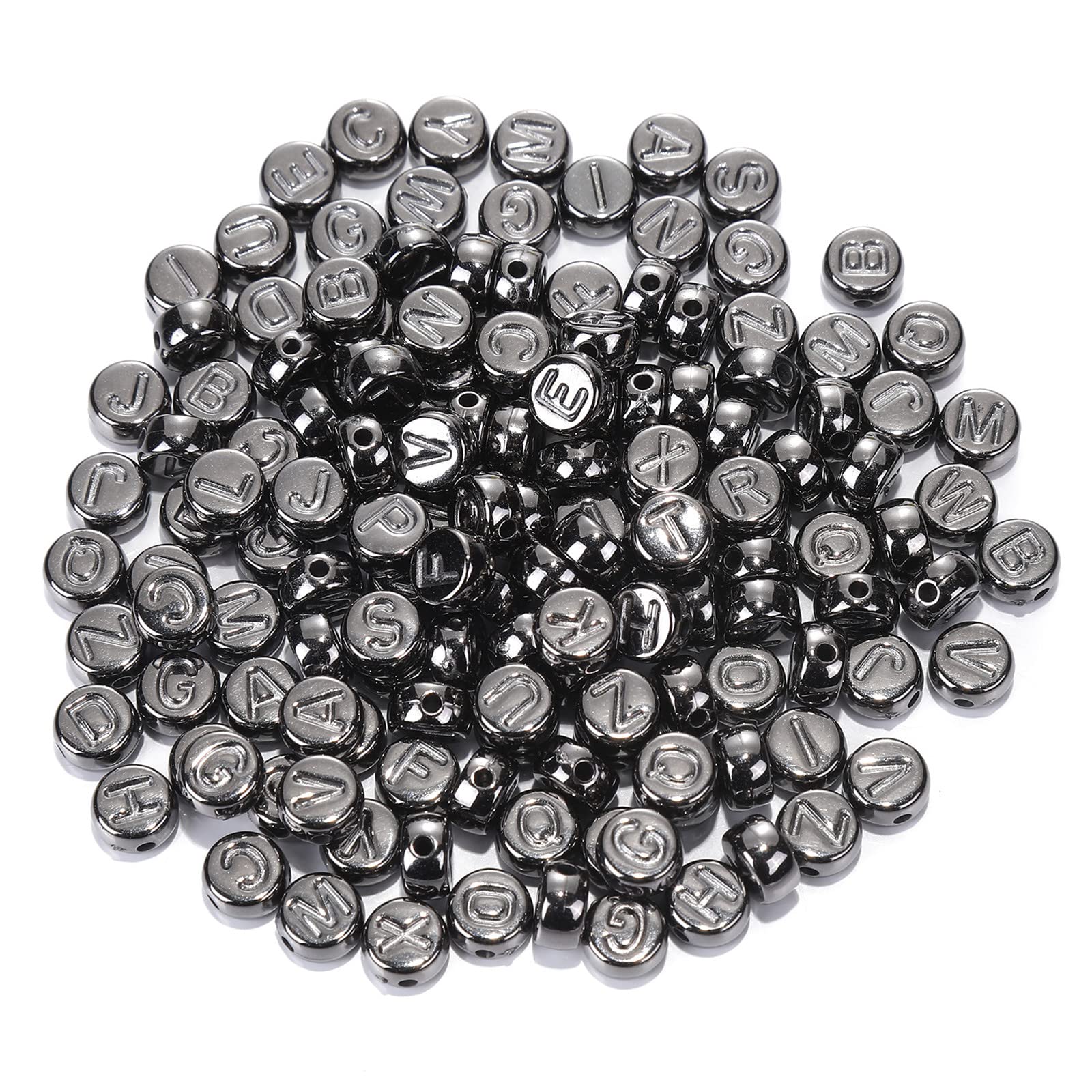 200pcs Gun-Black Plated Acrylic Flat Round Alphabet Letter Beads 7mm Pony Disc Coin A-Z Letter Pattern Loose Spacer Beads for DIY Jewelry Bracelet Making — image 1
