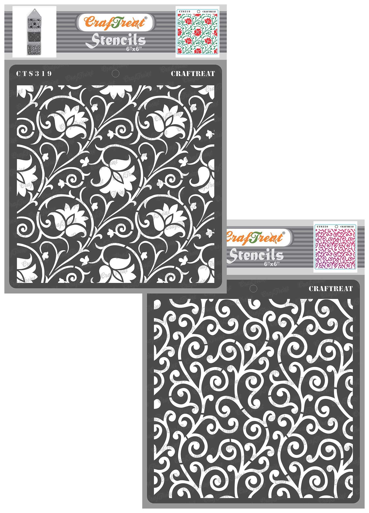 CrafTreat Reusable Swirl Art Stencil for Furniture Painting - Arabesque and Swirly Swirls (2 pcs) - Size: 6x6 Inches - Vintage Floral Stencils for Wood