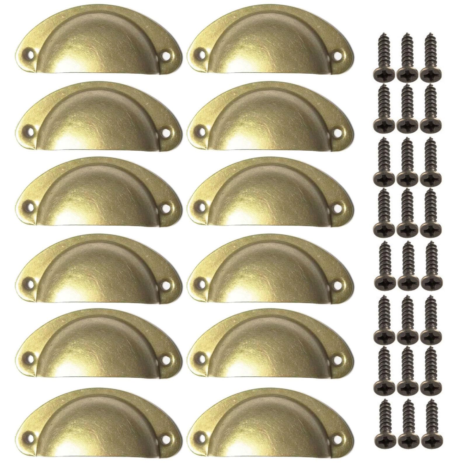 Beilala Cupboard Cup Handles Brass, 12 Pack Antique Shell Kitchen Cabinet Handles, Furniture Door Hardware Knobs with Screws for Chest of Drawers Dresser Wardrobe โ image 1