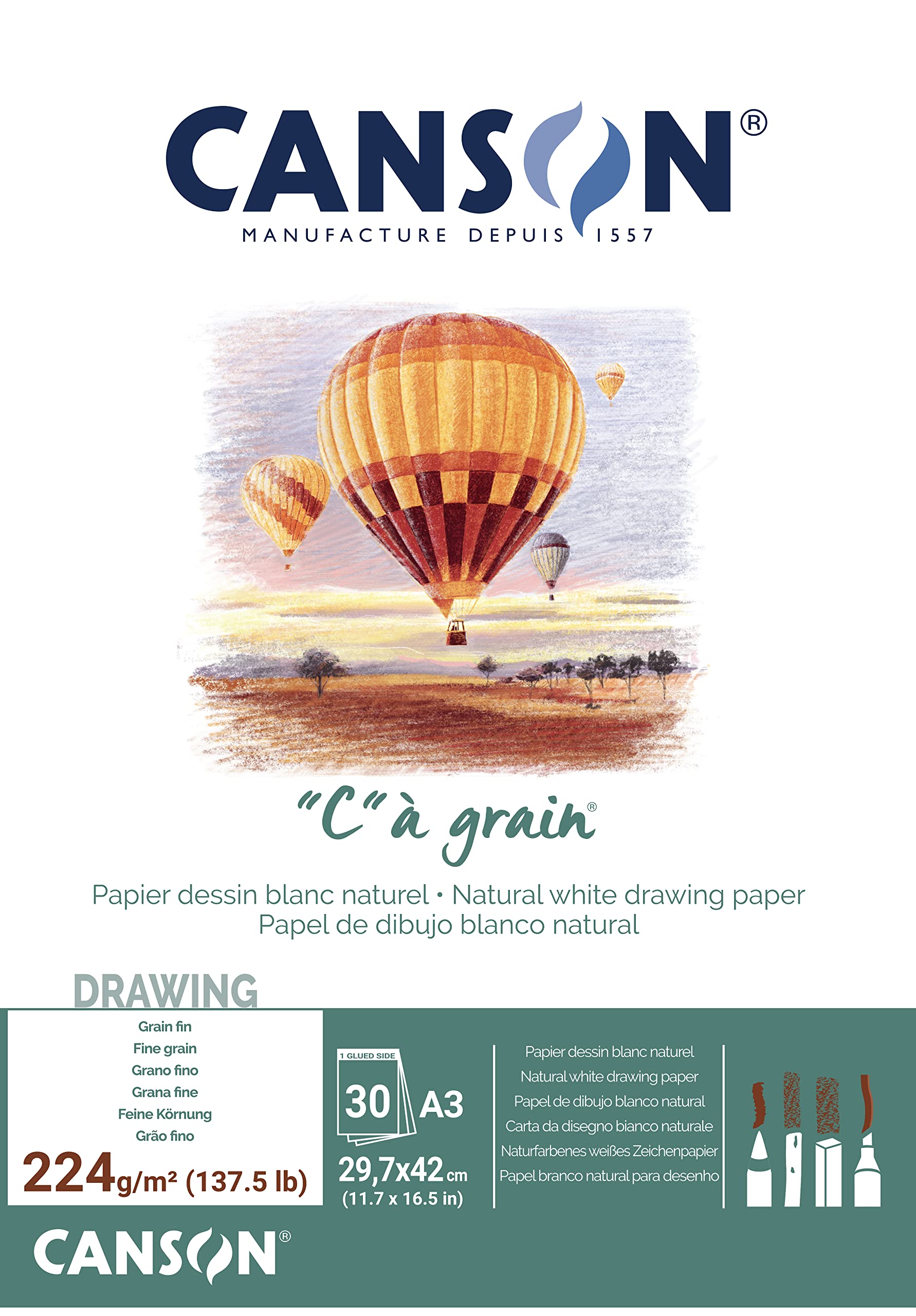 Canson "C à Grain A3 224g White Drawing & Sketching Paper Pad, 30 Sheets, Fine Grain Texture, Glued on Short Side, For Professional Artists