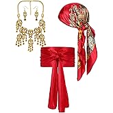 Fourluoo 4 Pieces Pirate Costume Women Pirate Hat Sash Belt Head Scarf Skeleton Necklace Earrings Cosplay Jewelry Accessories