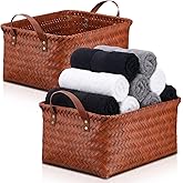 Acellegic 2 Pack Handwoven Clothes Basket Large Laundry Hampers Wicker Storage Basket with Handle for Shelves Rectangular Closet Storage Bins for Organizing Clothes Blanket Bathroom Bedroom Car, Brown