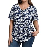 IN'VOLAND Womens Plus Size Tops Summer Short Sleeve Tunic V Neck Dressy Flutter Sleeve Blouses Work Tops Casual T-Shirts
