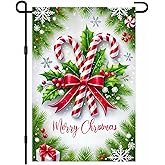 IVN Christmas Candy Cane Garden Flag 12x18 Inches Double Sided Holiday Yard Decor Red And White Striped Candy Holly Bow Outdoor Garden Porch Lawn Patio