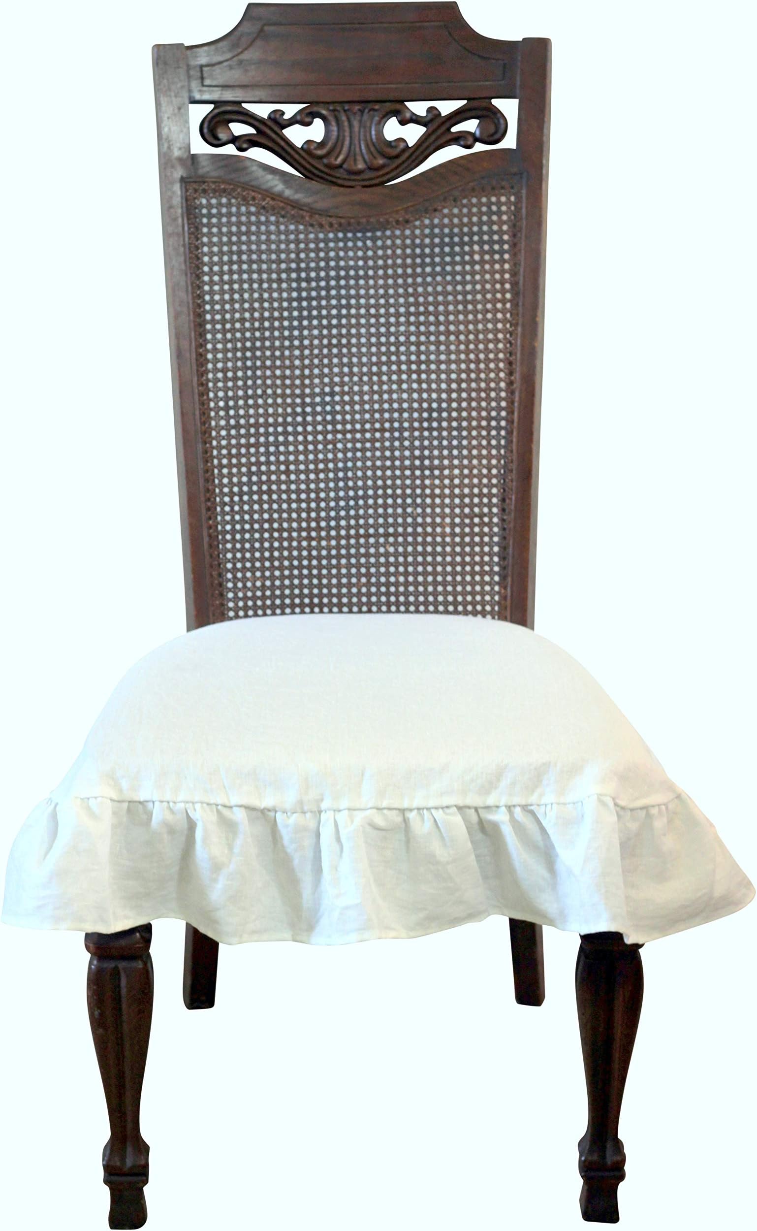 Linen Chair Seat Cover with 3 Sided Ruffle in Small (Off White)
