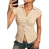 Kate Kasin Women Button Down Textured Blouse, V-Neck Ruched Tops with Y2K Collar, Slim Fit Cap Sleeve Going Out Casual Shirt