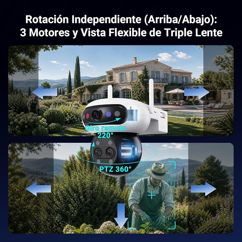 Câmara de 15MP (5+5+5 MP) WiFi Vigilância solar exterior, bateria, zoom misto 12x, objetiva tripla 3K, wireless, 360°, AOV, deteção de pessoas por IA, kit CB90F