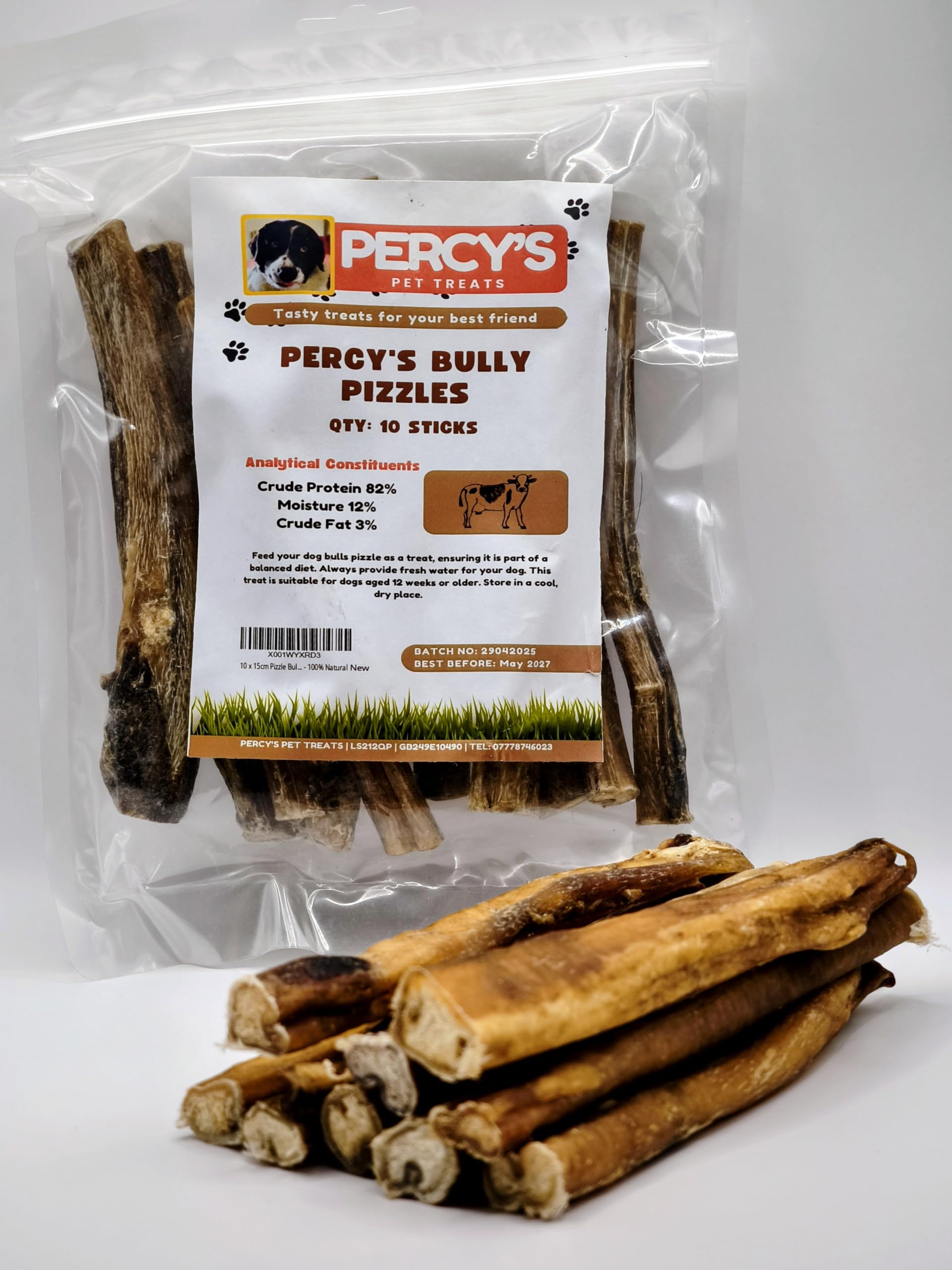 10 x 15cm Pizzle Bully Sticks Dog Treats - 100% Natural Beef - High in Protein - Low in Fat - Chew for Cleaner Teeth - Single Ingredient - Bulls Pizzle