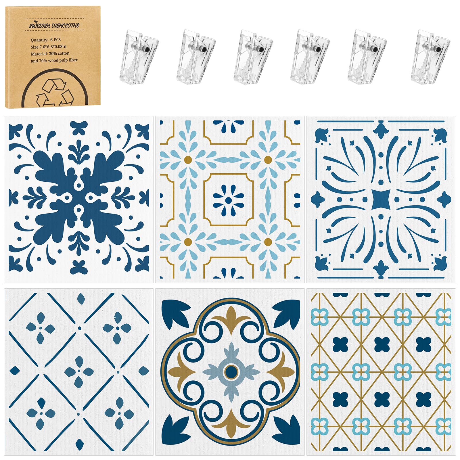 Photo 1 of 6 Pack Swedish Dishcloths for Kitchen,Swedish Rags Dish Towels with Clips, Reusable Paper Towels Washable Absorbent Cellulose Sponge Cloths for Countertop Dishes Sink Kitchen Easter Gifts for Hostess