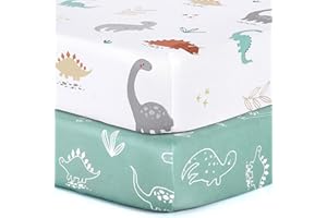 Pack n Play Sheets, BROLEX 2 Pack Mini Crib Sheets,Stretchy Portable Fitted Playard Sheet Set, Convertible Playard Mattress Cover,Ultra Soft Breathable Material,Cute Dinosaurs