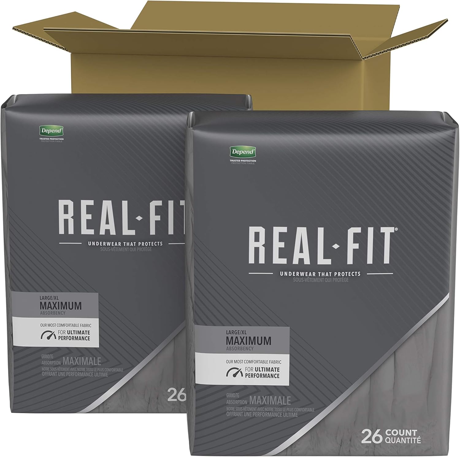 Depend Real Fit Incontinence Underwear for Men, Maximum Absorbency, Disposable, Large/Extra-Large, Grey, 52 Count (Packaging May Vary): Health & Personal Care