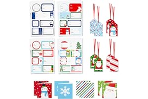 Hallmark Christmas Gift Tags with Ribbon, Sticker Seals, and Mini Notecards (Santa, Snowman, Stripes, Red, Green, Blue) for Gift Bags and Wrapped Presents