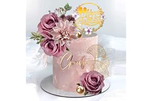 DRWATE Flower Cake Toppers Happy Birthday Cake Toppers with Artificial Purple Rose Flowers Eucalyptu Leaves for Birthday Party Wedding Baby Shower Supplies (Purple)