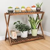 Jotboom Wooden Plant Shelf Indoor, Narrow Plant Bench for Multiple Plants | 2 Tier Window Plant Stand, Corner Flower Pot Stand Rustic Plant Table for Living Room Garden Patio balcony (X-Cross Design)