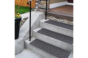 Aucuda 6pcs 8.5" x 30" Stair Treads Outdoor for Elders and Dogs on Wooden Steps 4th of July Decorations, Non Slip Stair Runner Rug Heat Insulation Rubber Backing, Gray Stones Staircase Mat Carpet.