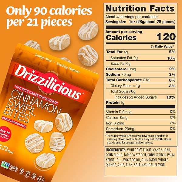 DRIZZILICIOUS MINI FLAVORED RICE CAKES CINNAMON SWIRL – RICE CRISPS, HEALTHY SNACK FOR ADULTS AND KIDS, VEGAN, GLUTEN FREE SNACK, ALLERGEN FREE, ONLY 90 CALORIES PER 21 PIECES – 4 OZ (PACK OF 1)