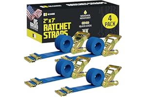 DC Cargo E-Track Ratcheting Straps Cargo Tie-Downs, (Pack of 4) 2 x 7 Heavy Duty Blue Polyester Tie-Down Rachet Straps, Stron