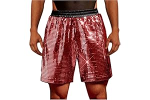 Cambkatl Metallic Holographic Shorts for Men Sequins Loose Straight Elastic Waist Party Disco Shiny Shorts