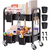 2 Tier Small Rolling Cart Metal with Wheels, Black Under Desk Storage Carts | Short Utility Trolley Organizer on Wheels for Pantry,Kitchen,Office,Two Tiered Mobile Shelves Table,22inch Tall Roller Shelf