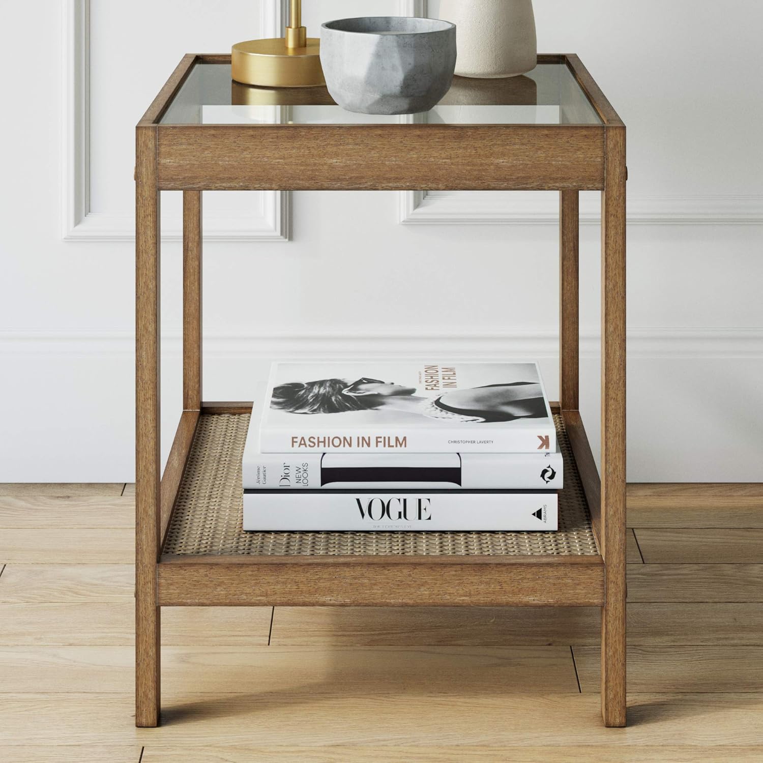 Nathan James Hayes Solid Wood Nightstand, Bedside, End or Side Table Glass Top with Open Storage Shelf, Light Brown: Kitchen & Dining