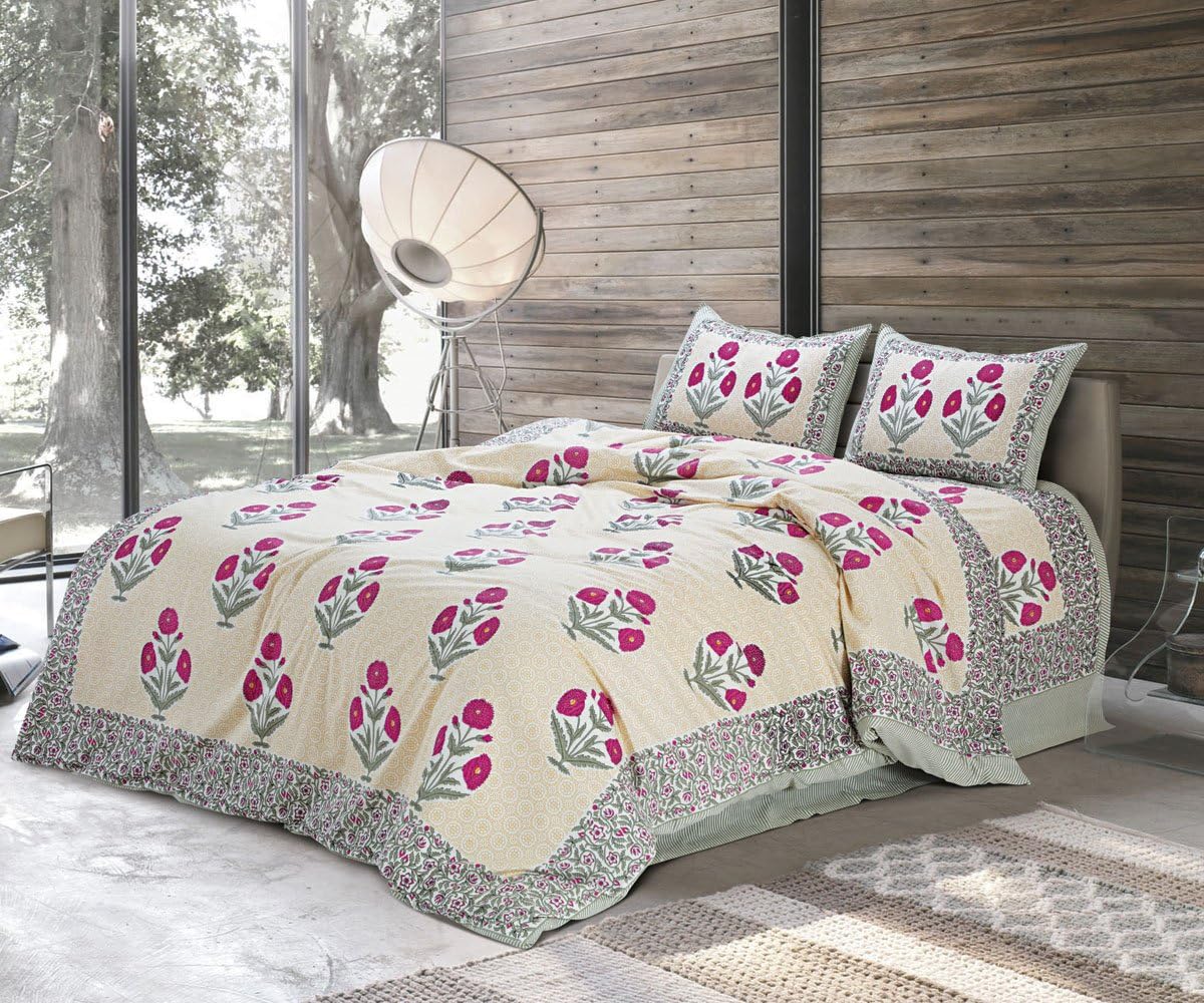 Fecom King Size Pure 100% Printed Cotton Double Bedspread Bed Sheet Bed Cover With 2 Pillow Covers New Trend Traditional Pattern Red