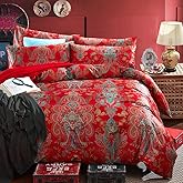 mixinni Red Paisley Comforter Sets Queen Size Bed Shabby Chic Print Comforter All Season 3 Pieces 1 Fluffy Soft Comforter with 2 Pillow Shams-Queen Size