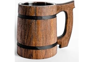 Old Style Viking Beer Mug Wooden Handmade Retro Brown Cup, Oak Beer Tankard - Wood Carving Beer Mug of Wood Eco Friendly Beer