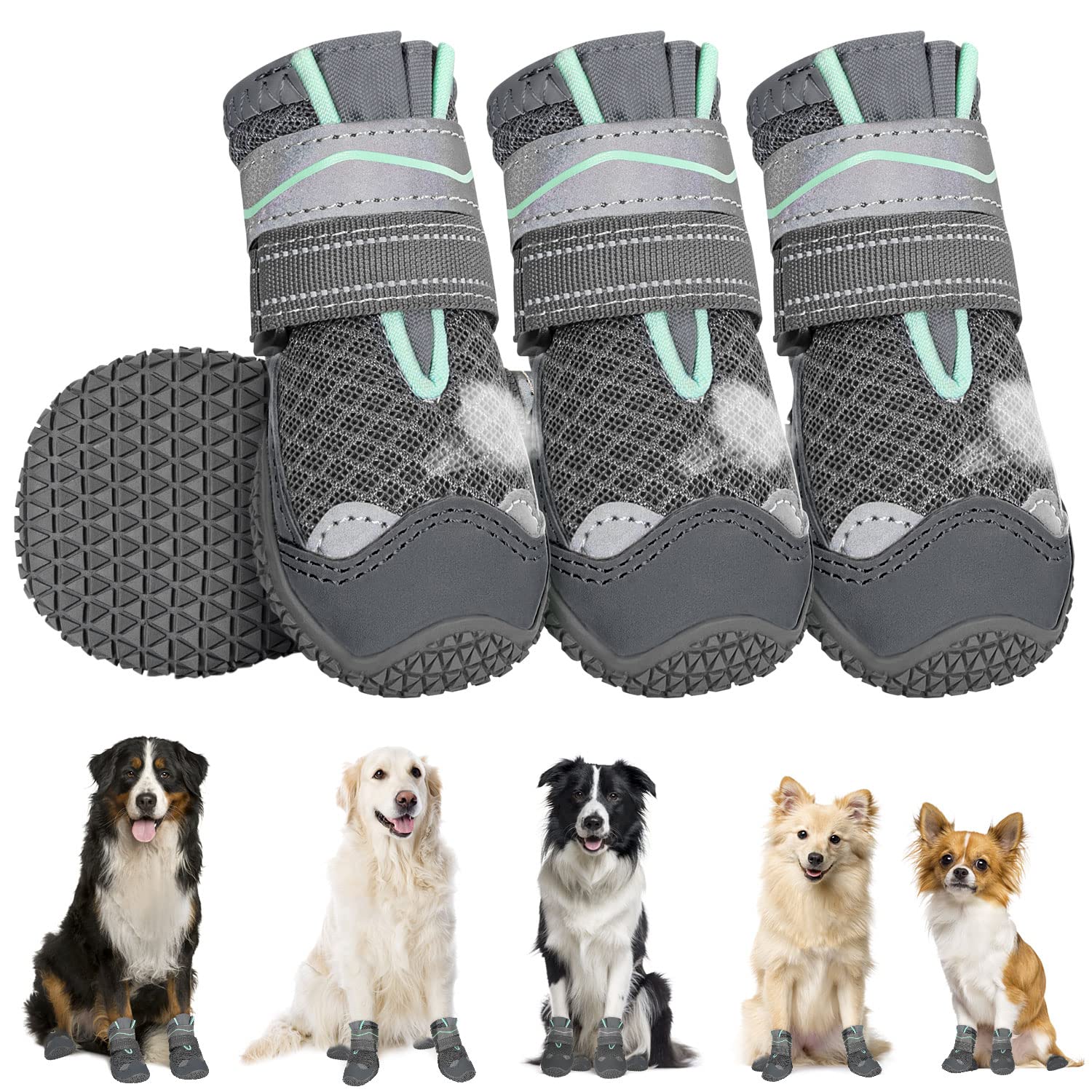 SlowTon Dog Boots for Injured Paws Waterproof, Non-Slip Paw Protector for Rainy Snowy Breathable for Hot Pavement, Puppy Shoes with Adjustable Reflective Strip Dual Washable for Small Medium Large Dog