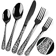 Meythway 40-Piece Vintage Carved Black Silverware Set for 8, Stainless Steel Flatware Set with Knife/Fork/Spoon, Cutlery Set for Home and Kitchen, Utensil Set with Dishwasher Safe