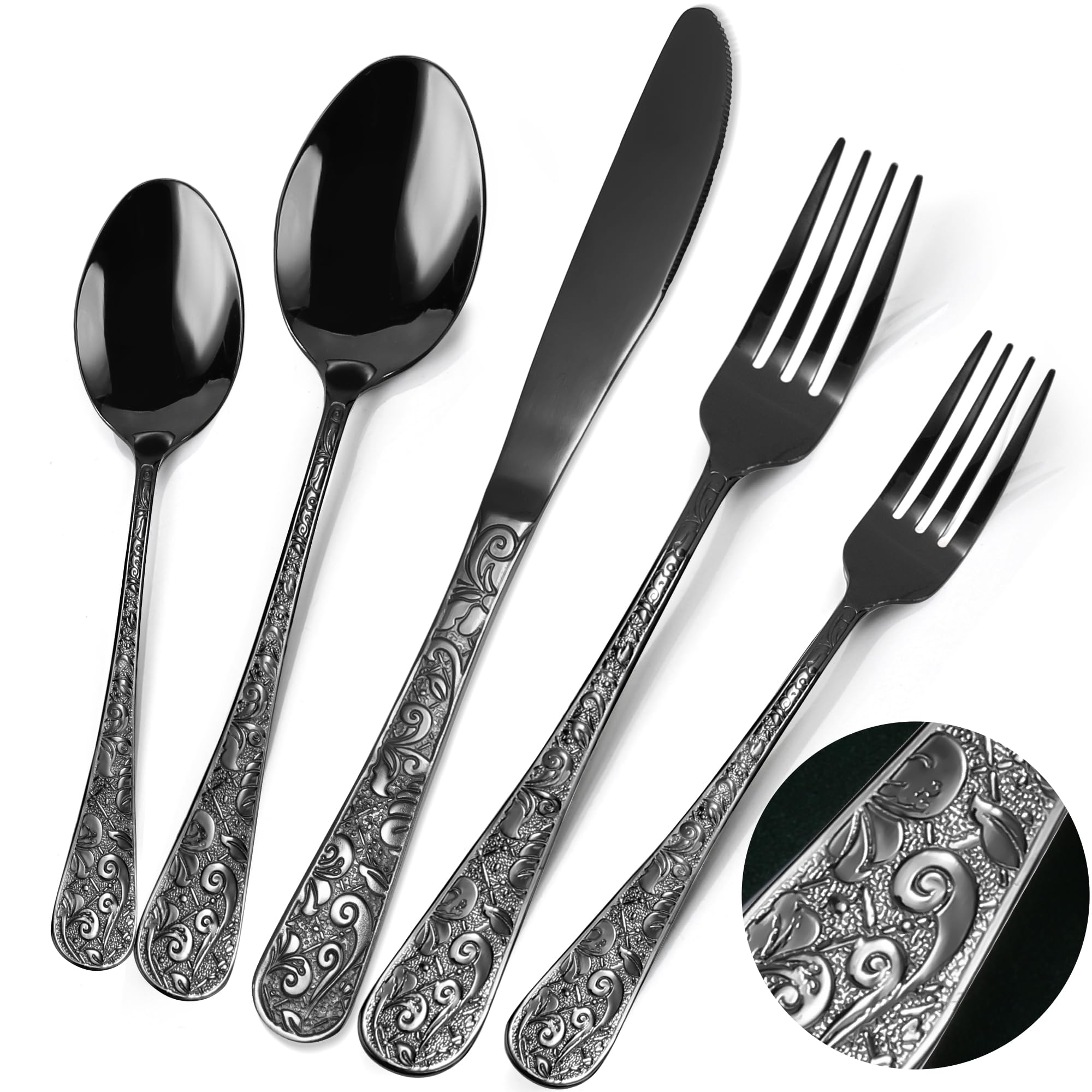 Photo 1 of Meythway 40-Piece Vintage Carved Black Silverware Set for 8, Stainless Steel Flatware Set with Knife/Fork/Spoon, Cutlery Set for Home and Kitchen, Utensil Set with Dishwasher Safe